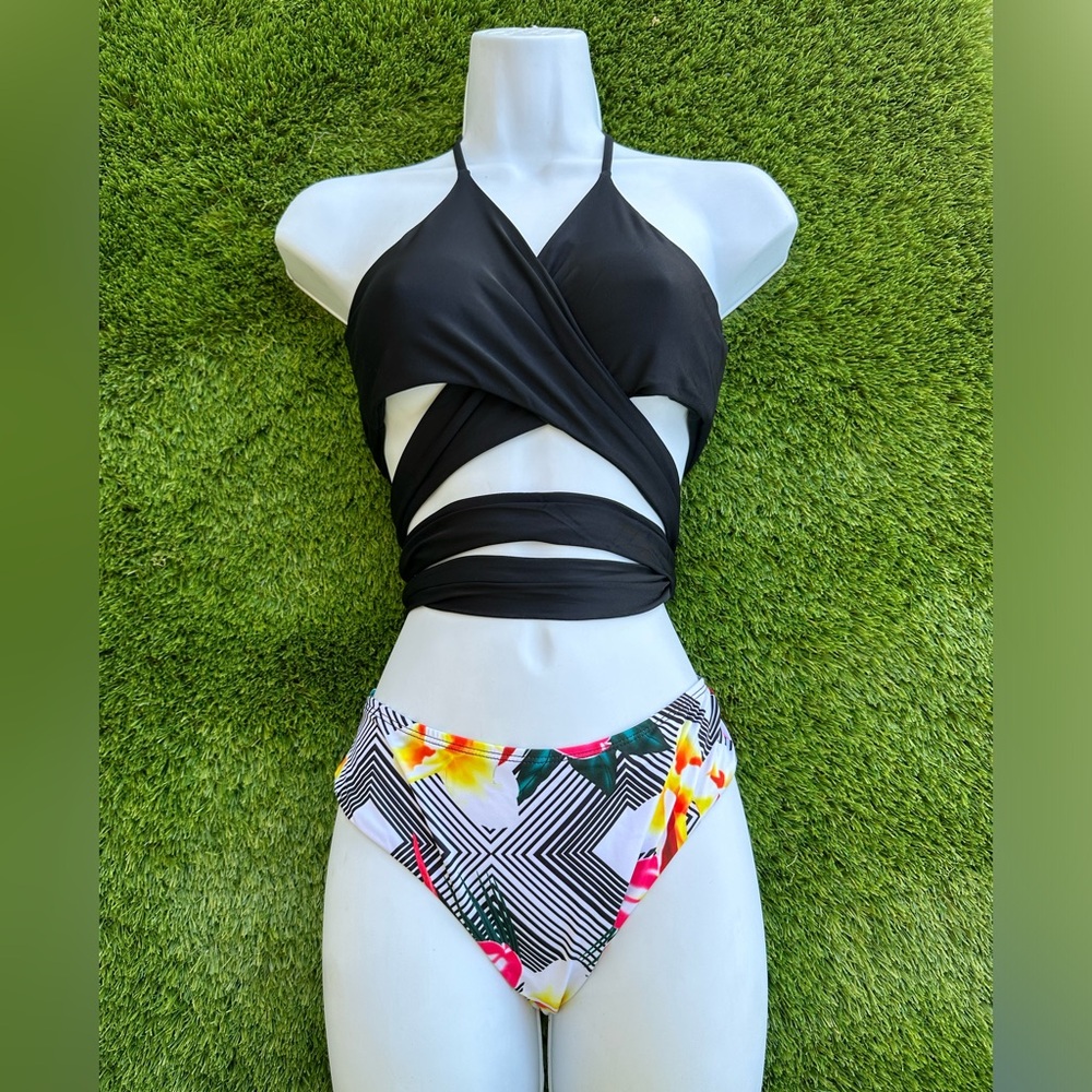 INNO Black Wrap Bikini with Floral Bottom